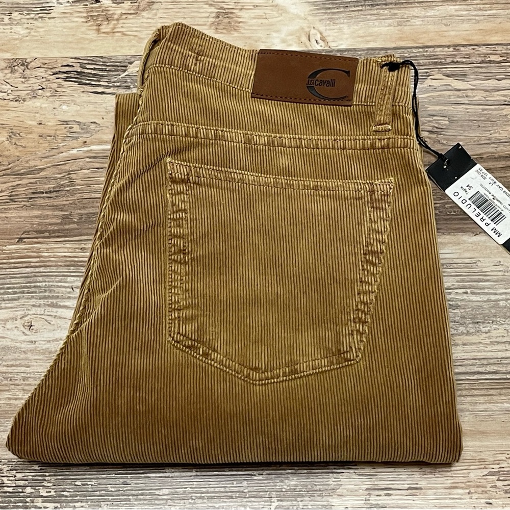 Roberto Cavalli Corduroy Pants In Tan Size 31 Straight Cut Flat Front With Tags
